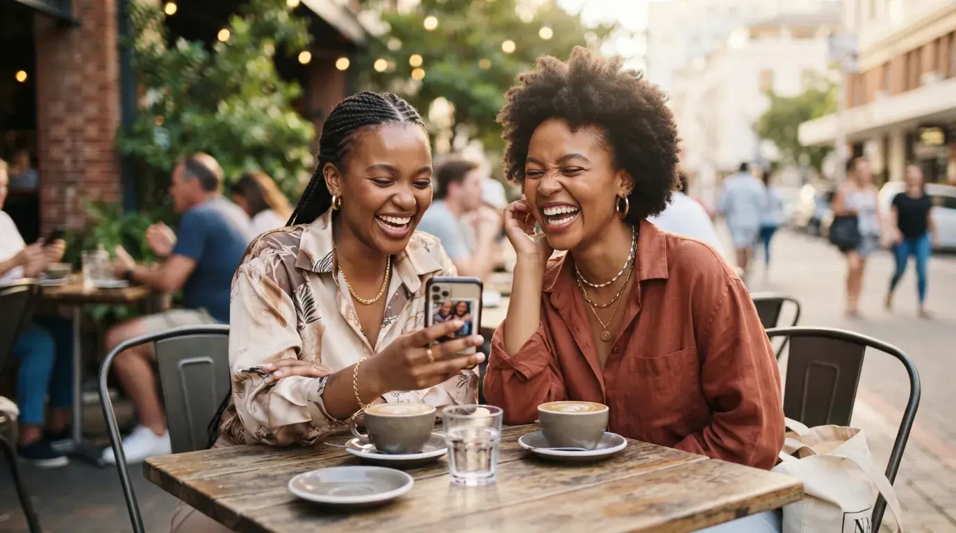 Two friends laughing over coffee, settling up on a phone